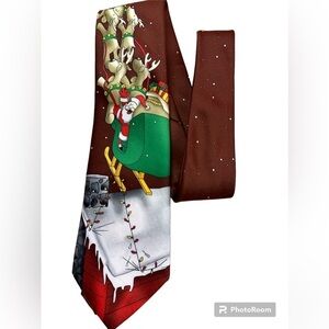 Tie Tales Christmas Santa and His Reindeer Over Rooftop Festive Tie Polyester